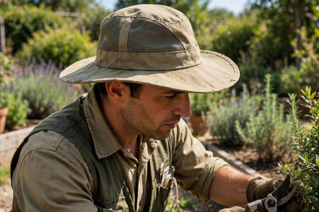 best gardening hat in khaki canvas with mesh crown band worn while pruning