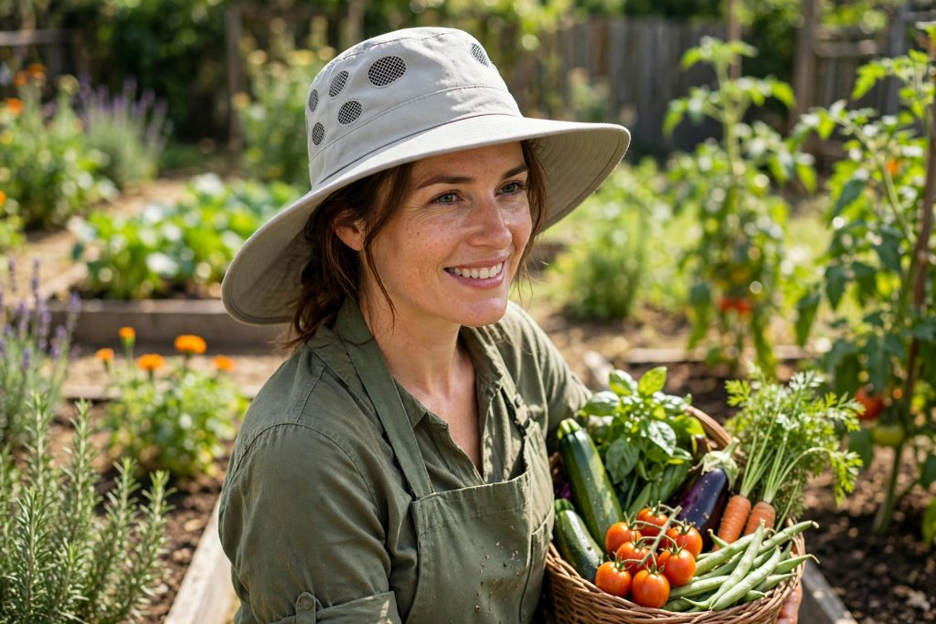 best gardening hat in light gray with crown vents worn while carrying harvested vegetables