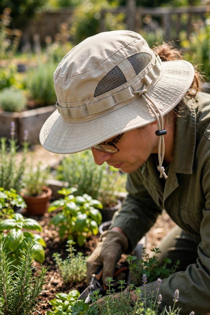 best gardening hat in booney style with mesh vents and drawcord worn in an herb garden