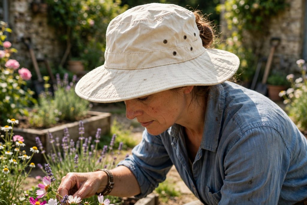 best gardening hat in crushable cream canvas worn while picking flowers