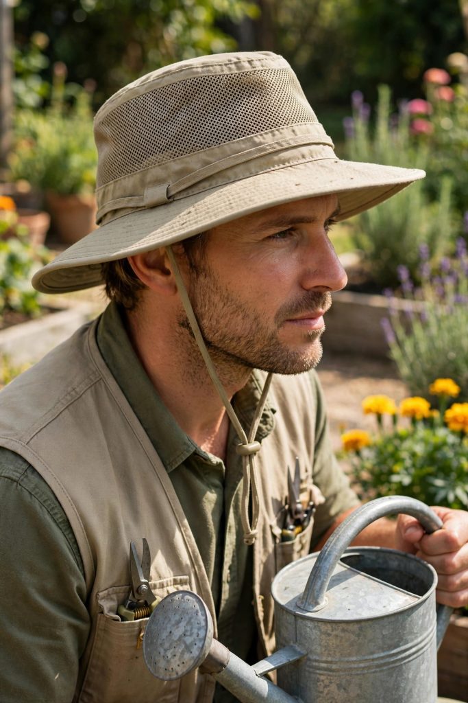 best gardening hat in safari style with ventilated crown and chin cord worn with a watering can