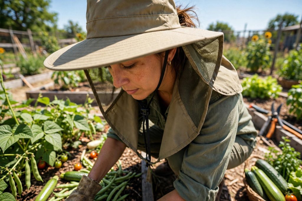 best gardening hat with wide brim and neck cape worn while harvesting beans