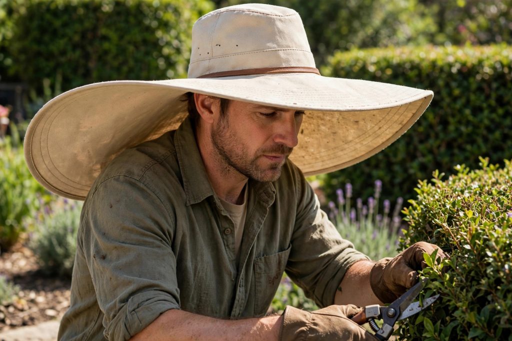 best gardening hat with extra wide structured brim worn while trimming a hedge