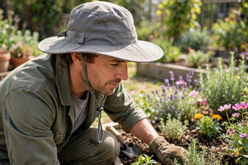best gardening hat in gray with mesh panels and chin strap worn while planting a flower bed