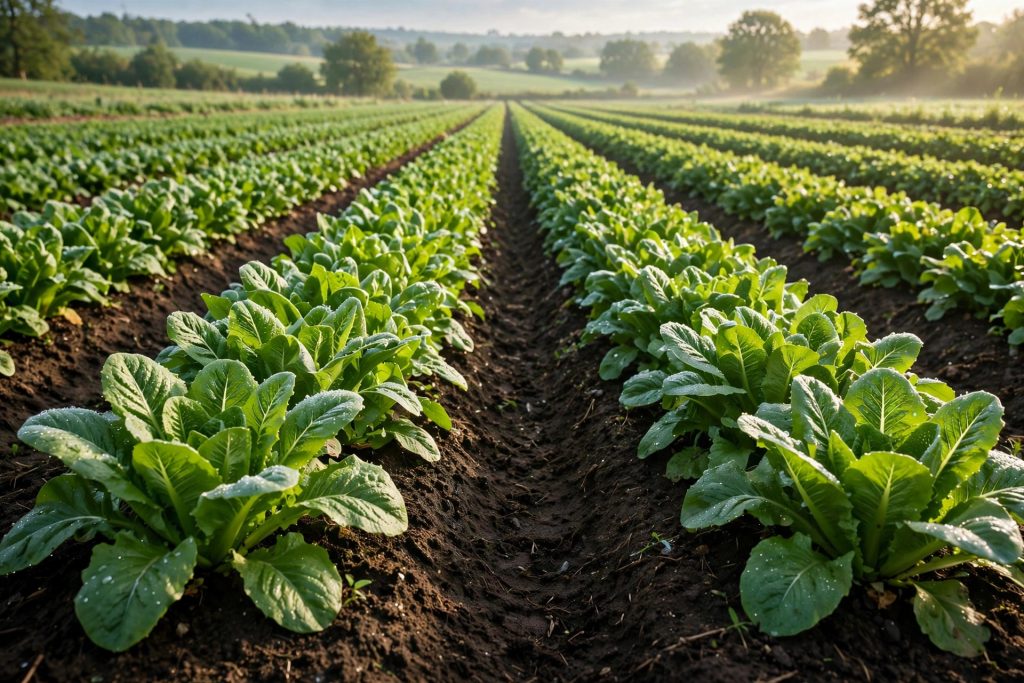 Strong, healthy green crops growing in well-managed soil