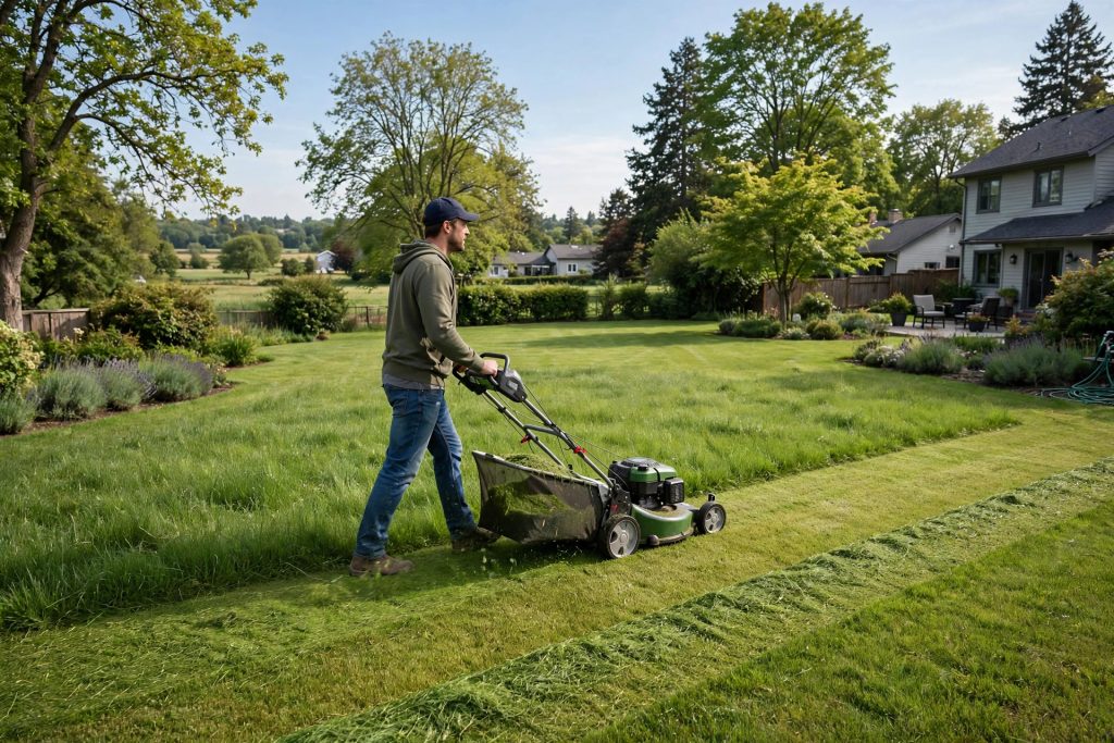mowing a lawn a little shorter than usual before core aeration
