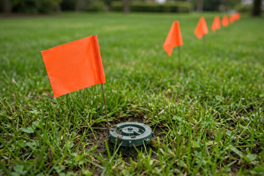 marking a sprinkler head with a small flag before aerating a lawn