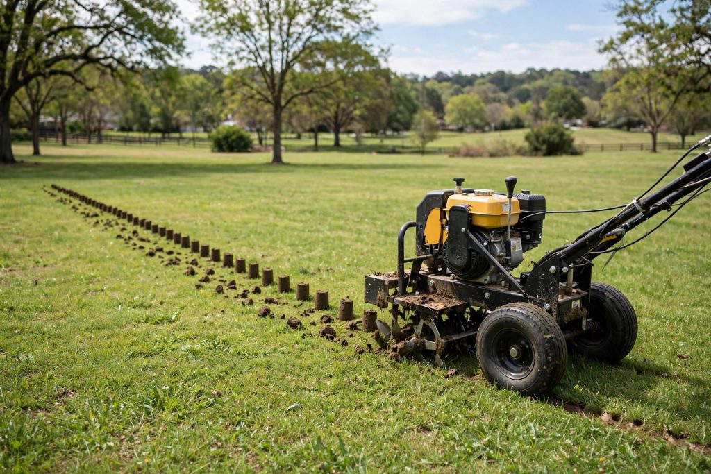 first pass with a core aerator in straight lines across a lawn