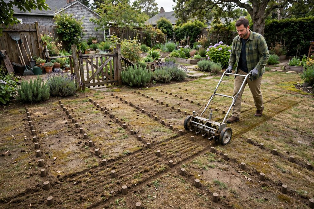 second aerator pass at right angles over a compacted high traffic area of lawn