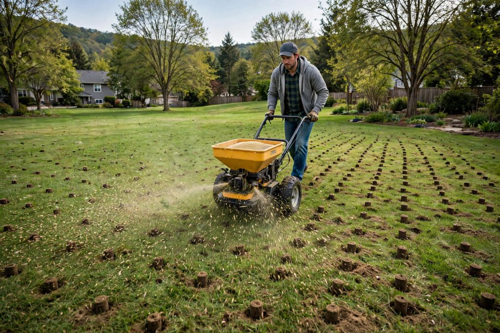 spreading grass seed with a broadcast spreader right after aerating a lawn