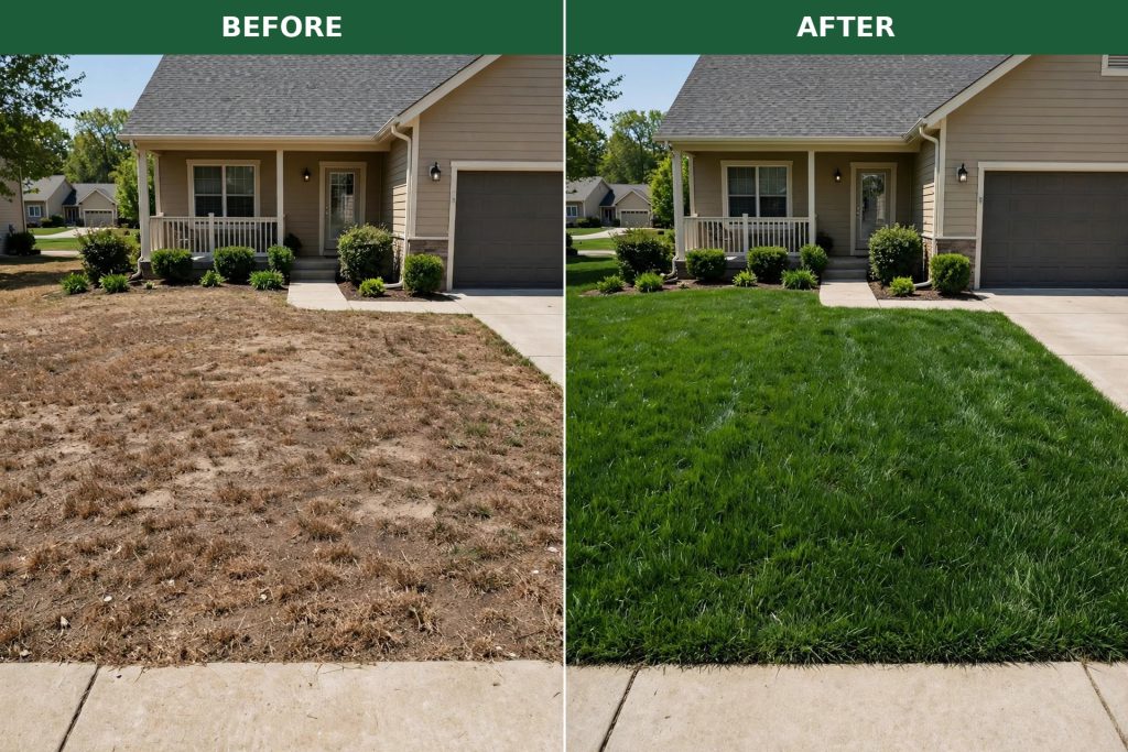 Before and after dethatching: thin brown lawn compared with a thick green recovered lawn