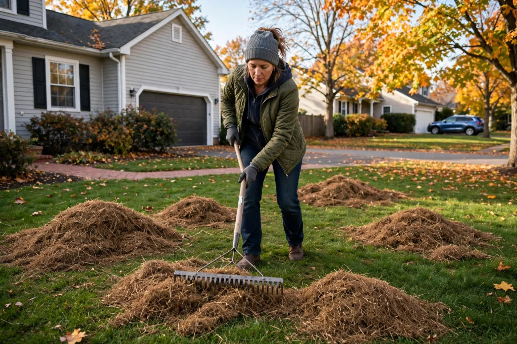 Raking out dead grass and debris to clear a bare patch and fix bare spots in lawn
