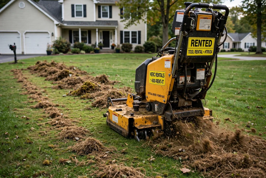 power rake machine used to dethatch a lawn lifting brown thatch