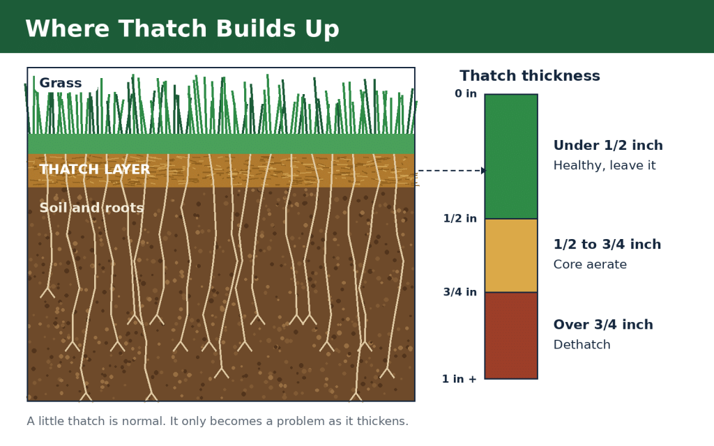 Diagram of a lawn thatch layer between the grass and soil with safe and problem thickness zones