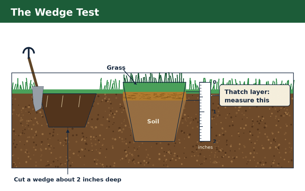 Wedge test for measuring lawn thatch thickness with a spade and ruler