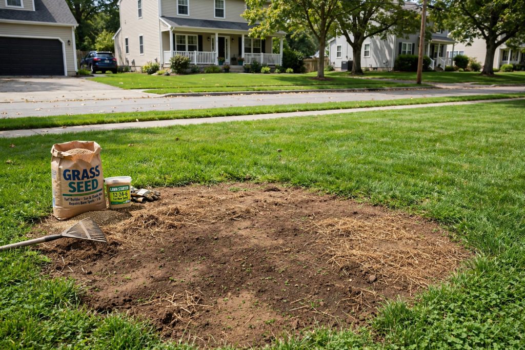 how to fix bare spots in lawn, a brown bare patch being repaired in a green US lawn