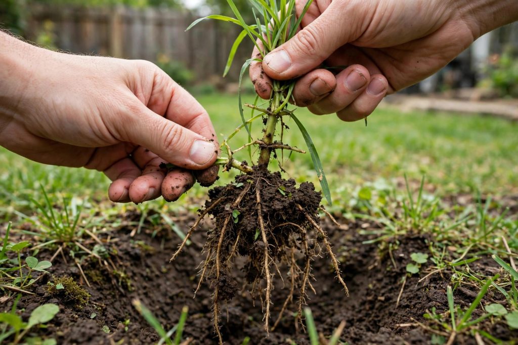how to get rid of crabgrass hand pulling a crabgrass plant with rooted nodes from moist lawn soil