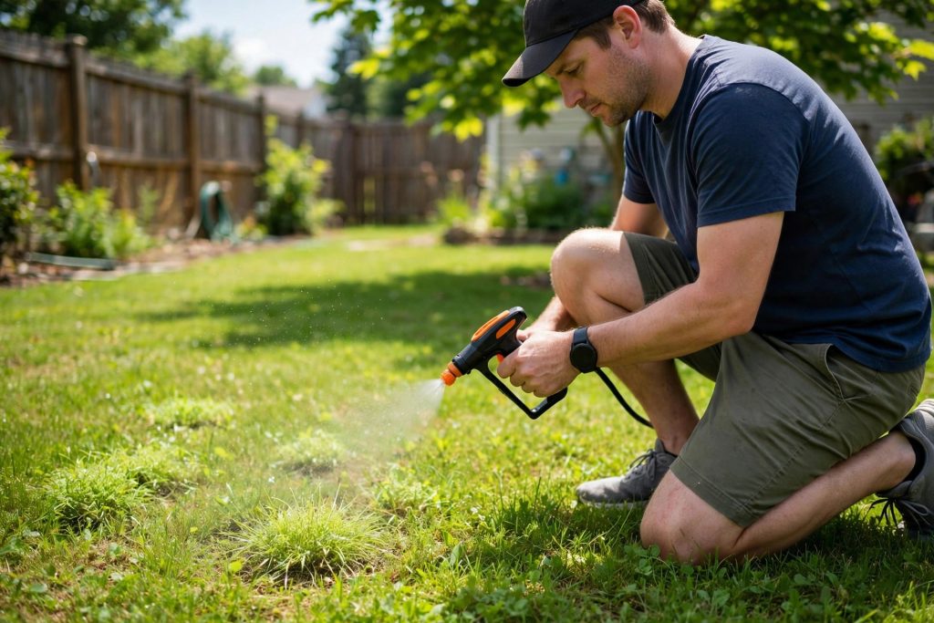 how to get rid of crabgrass spot treating young crabgrass plants in summer with a hand sprayer