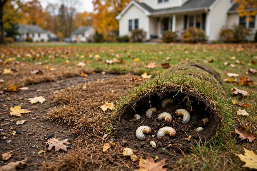 how to get rid of grubs, rolled back turf exposing white grubs in a fall lawn