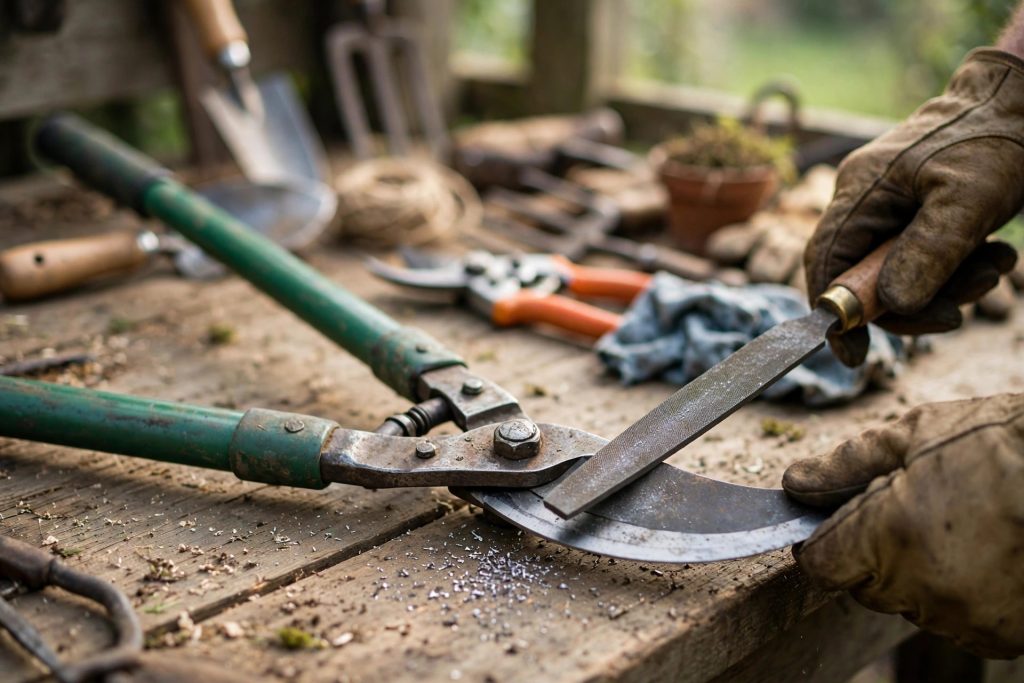 how to sharpen pruning shears and loppers with a mill file on a workbench