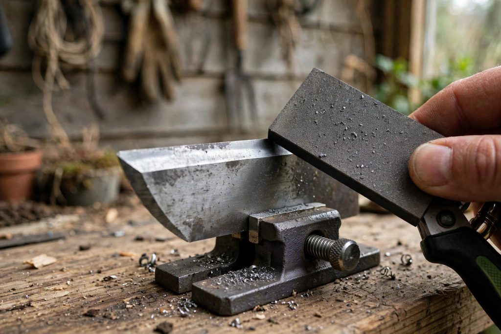 how to sharpen pruning shears with a stone on the beveled blade
