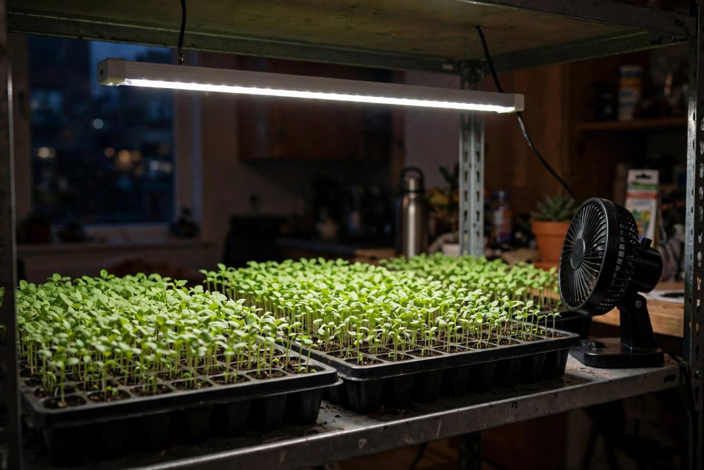 seedlings under grow lights indoors