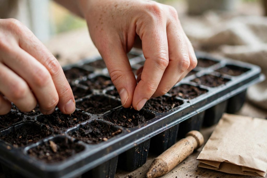sowing seeds indoors in a cell tray