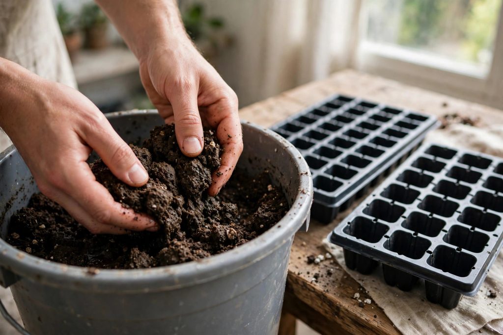 moistening seed starting mix indoors before filling trays