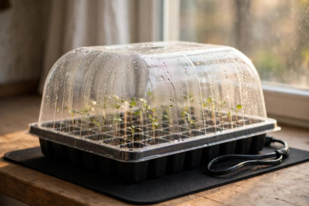covered seed tray on a heat mat indoors