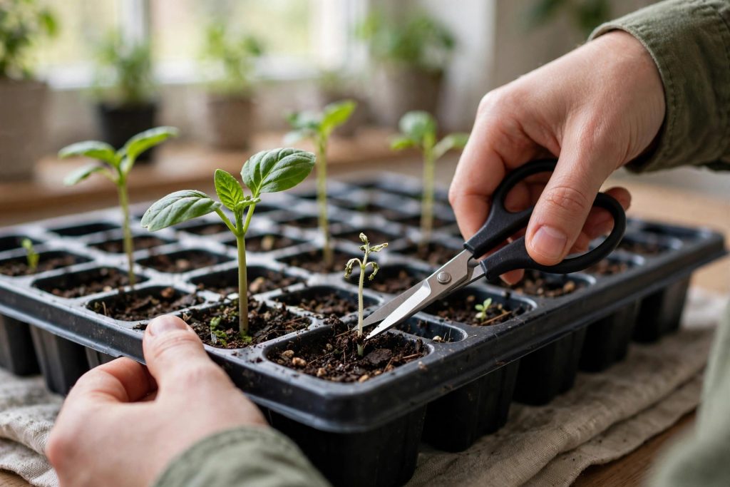 thinning seedlings to one per cell indoors