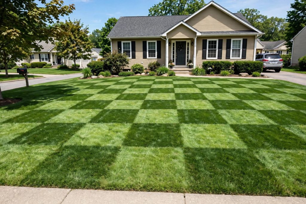 Checkerboard lawn stripe pattern from mowing at 90 degrees