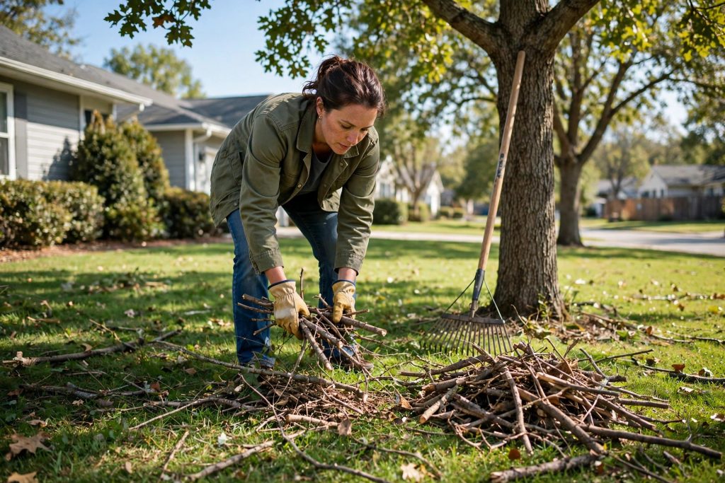 How to stripe a lawn step 1: clearing sticks and debris from the lawn