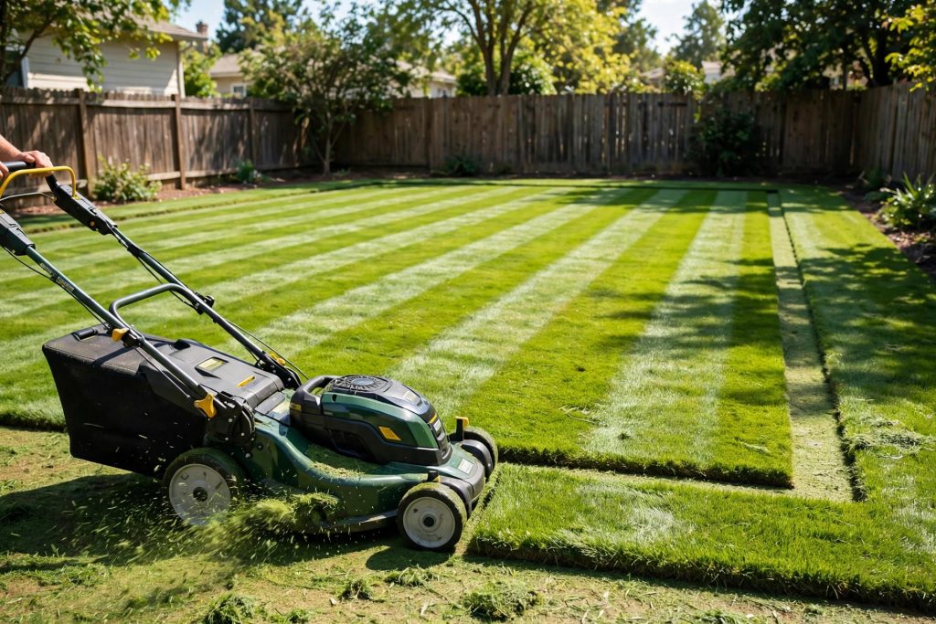 How to stripe a lawn step 6: mowing a border frame around striped lawn