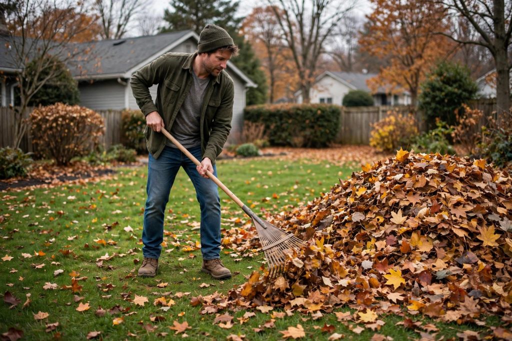 how to winterize lawn step 1 raking leaves off grass before winter