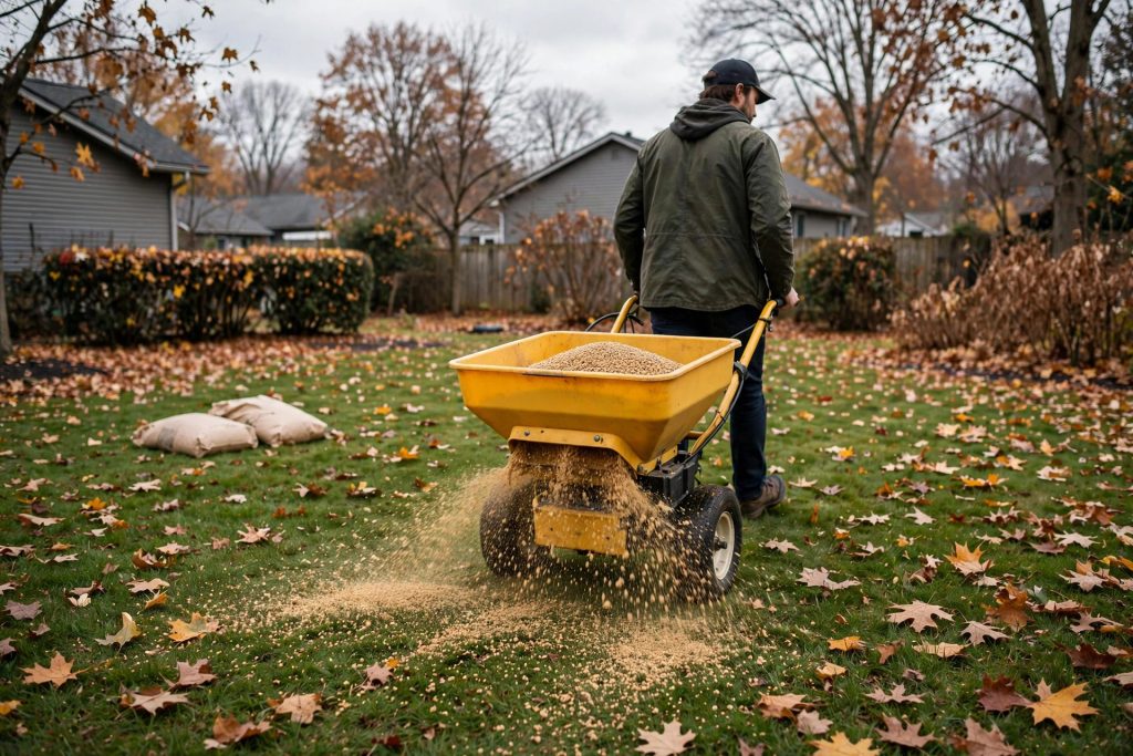 how to winterize lawn step 3 applying winterizer fertilizer with broadcast spreader