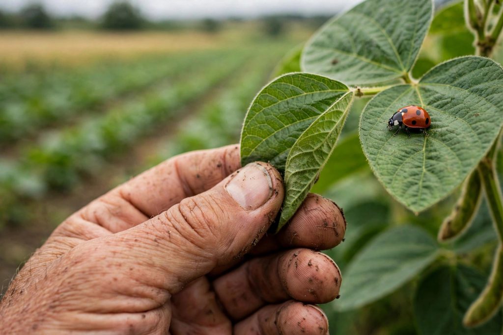 Farmer inspecting the underside of a leaf for pests — IPM scouting in practice
