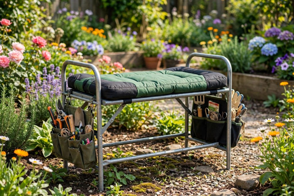 Ohuhu best garden kneeler in seat mode with two tool pouches