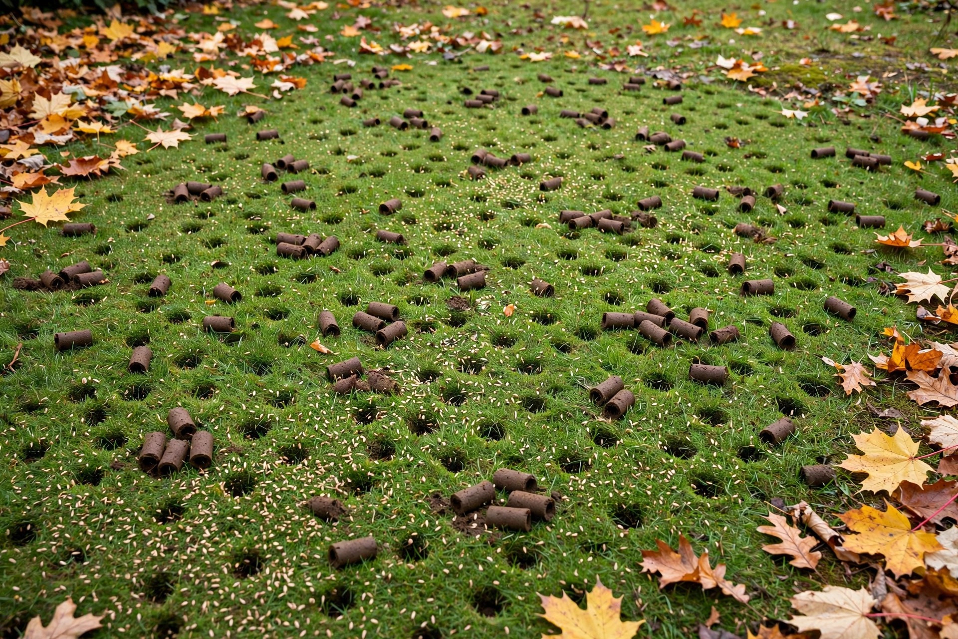 Fall lawn care calendar task: core aeration plugs and overseeding on a green lawn