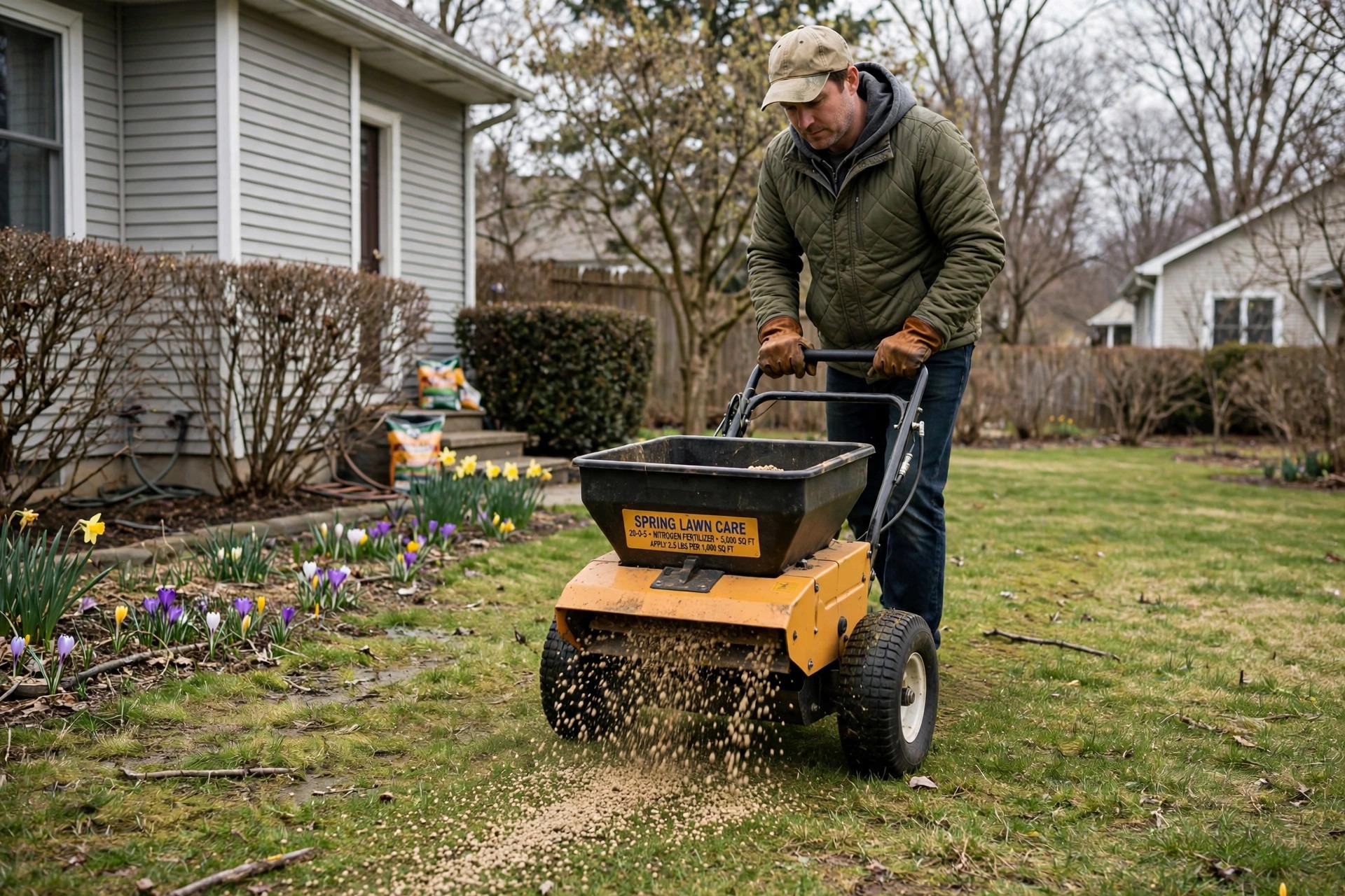 Spring lawn care calendar task: applying pre-emergent and fertilizer with a broadcast spreader