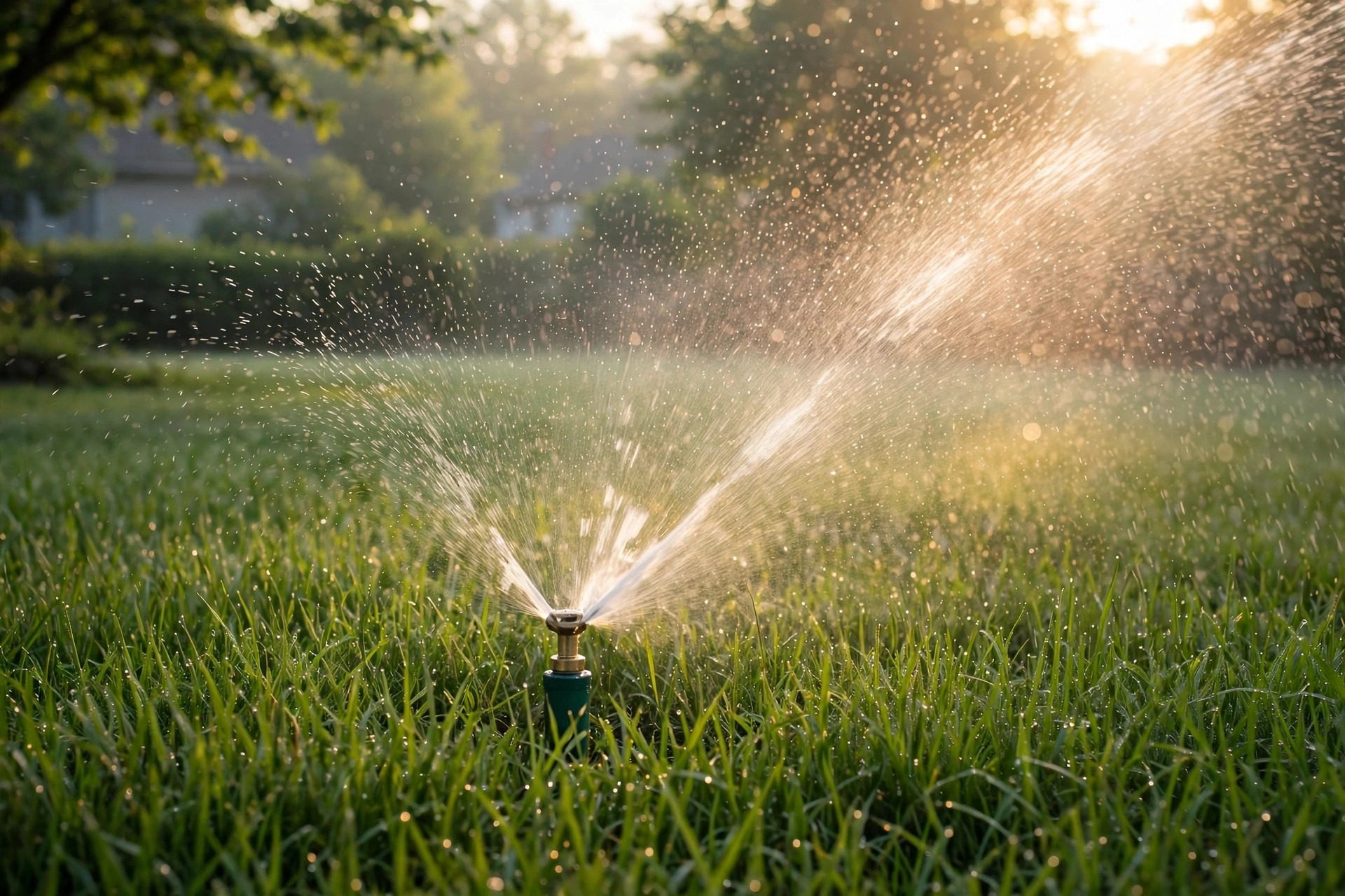 Summer lawn care: sprinkler watering a tall green lawn early in the morning