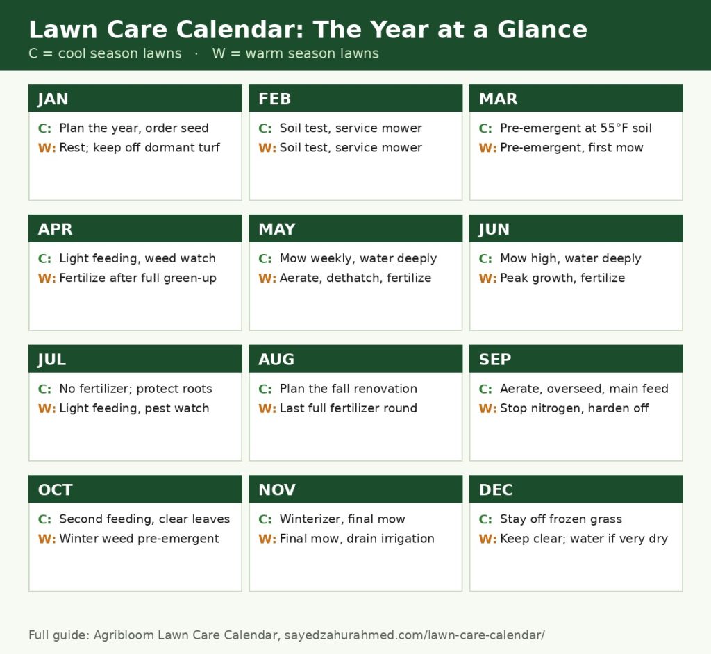 Month by month lawn care calendar graphic showing the key job for cool and warm season lawns in every month