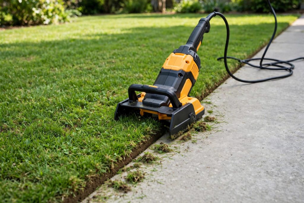 Best lawn edger cutting a clean line along a driveway on a green home lawn