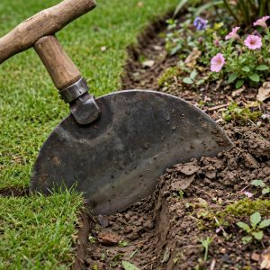 Razor-Back 61108 half moon edger with wood handle cutting a bed edge