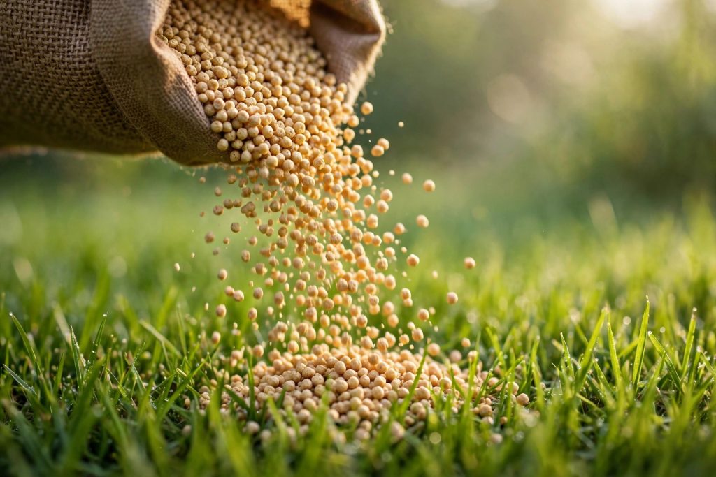 Slow-release lawn fertilizer granules pouring onto green grass