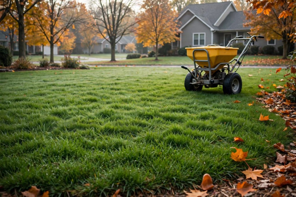 Broadcast spreader ready for the fall feeding in a lawn fertilizer schedule