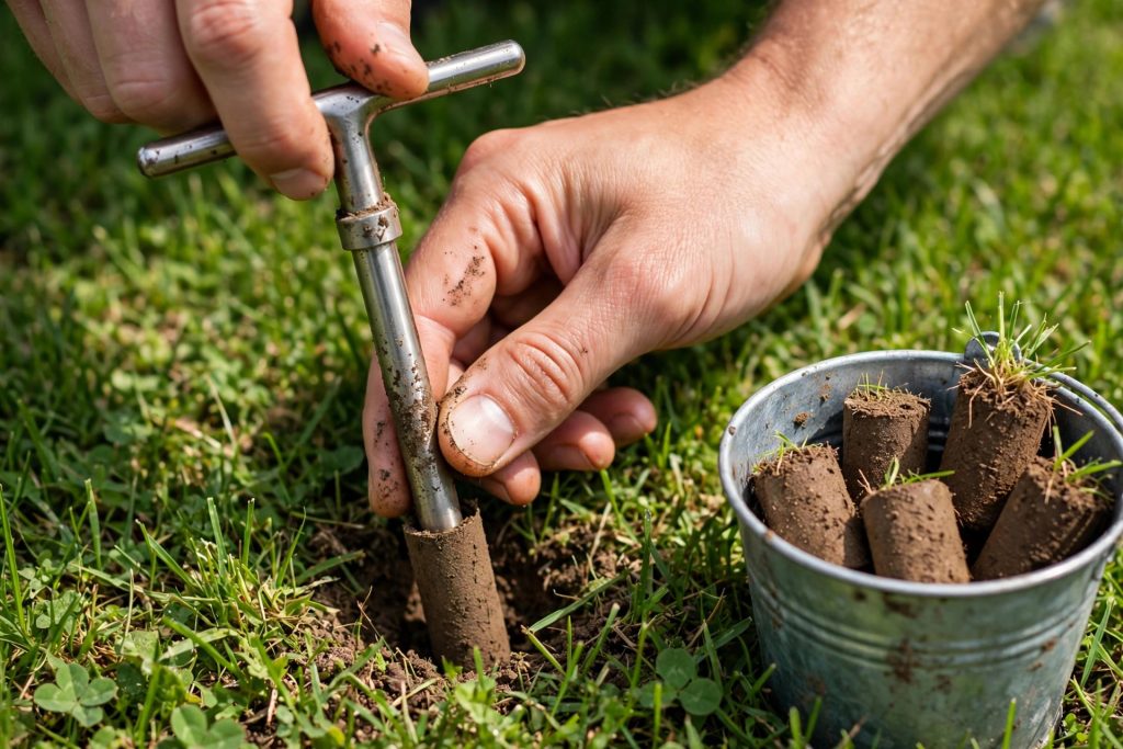 Taking a soil sample with a probe for a lawn fertilizer schedule soil test