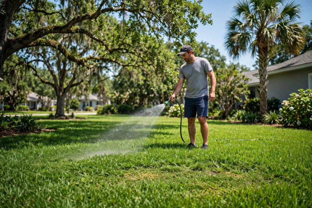 Watering in fertilizer granules on a warm-season lawn in a summer lawn fertilizer schedule
