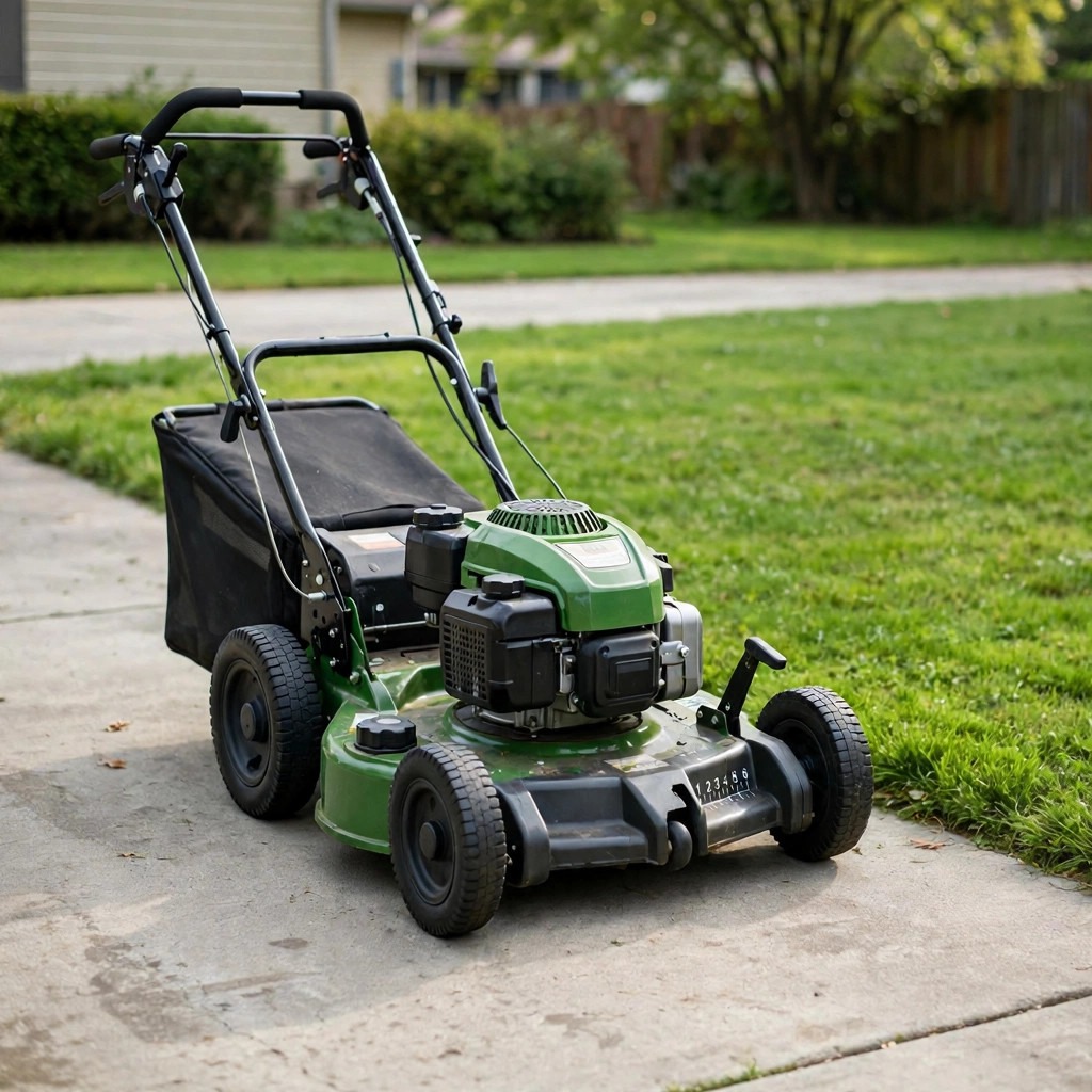 checking lawn mowing height with a mower parked on a flat driveway