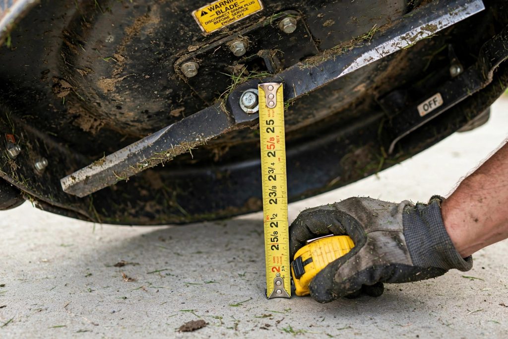 measuring mower blade height with a tape measure to set lawn mowing height