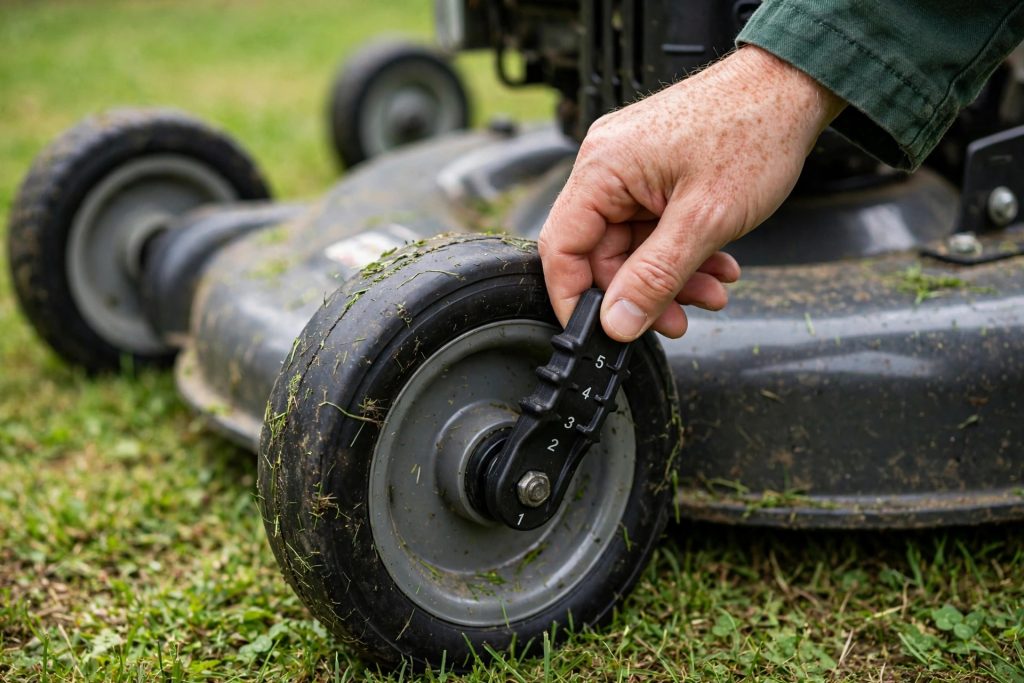 adjusting mower wheel height levers evenly for the correct lawn mowing height